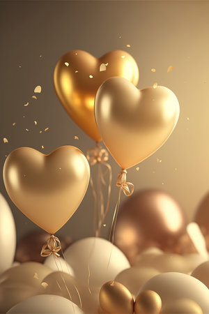 Romantic background with golden balloons in the form of hearts, confetti. Greeting card for Saint Valentine or anniversary. Generative AIの素材