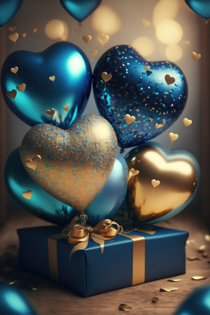 Festive background with blue gold balloons and gifts for New Year or Valentine's Day or any other holiday. Generative AI.の素材