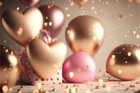 Festive romantic background with balloons hearts and confetti Valentine's Day or Merry Christmas and Happy New Year greetings. Generative AI.の素材