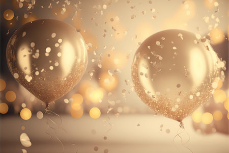 Festive luxury background with golden inflatable balloons, confetti, blurred background with bokeh effect. Generative AIの素材