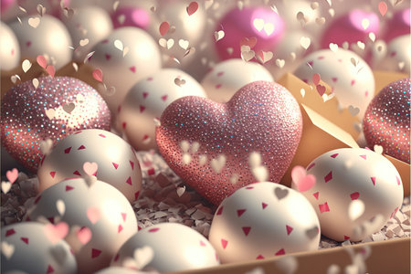 Festive romantic background with balloons hearts and confetti Valentine's Day or Merry Christmas and Happy New Year greetings. Generative AI.の素材