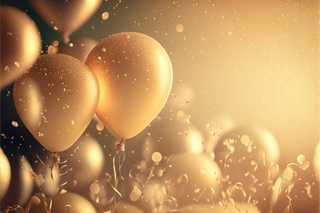 Festive luxury background with golden inflatable balloons, confetti, blurred background with bokeh effect. Generative AIの素材