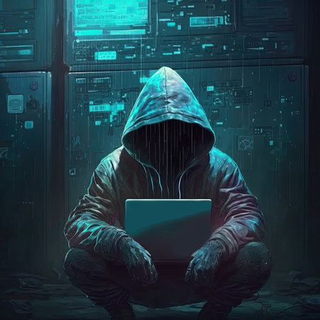 Hacker using internet to hack abstract computer server. Hooded attacker in laptop steals personal data. Blue glow light. Generative AIの素材