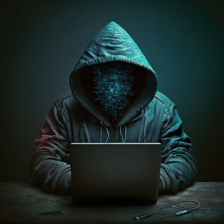 Hacker using internet to hack abstract computer server. Hooded attacker in laptop steals personal data. Blue glow light. Generative AIの素材