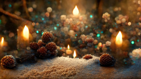 Abstract Christmas decorations from natural materials in mystical atmospheric festive evening interior. new year background. 3D illustration. AI render.の素材