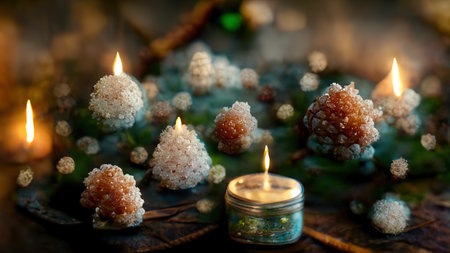 Abstract Christmas decorations from natural materials in mystical atmospheric festive evening interior. new year background. 3D illustration. AI render.の素材