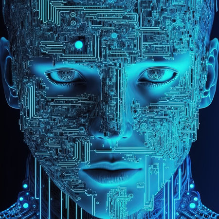 Artificial intelligence virtual woman characters portrait for concept design. Retro future 3D render illustration. Blue glow light with computer board elements. AI render.の素材