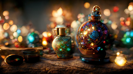 Magical festive new year christmas decoration background. AI render. 3D illustration.の素材