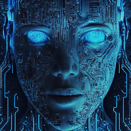 artificial intelligence virtual character. Alien portrait for concept design. Retro future 3D render illustration. Blue glow light with computer board elements. AI render.の素材