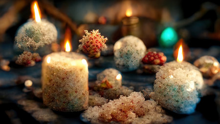 Abstract Christmas decorations from natural materials in mystical atmospheric festive evening interior. new year background. 3D illustration. AI render.の素材