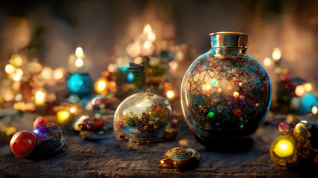Magical festive new year christmas decoration background. AI render. 3D illustration.の素材