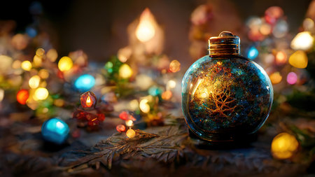 Magical festive new year christmas decoration background. AI render. 3D illustration.の素材