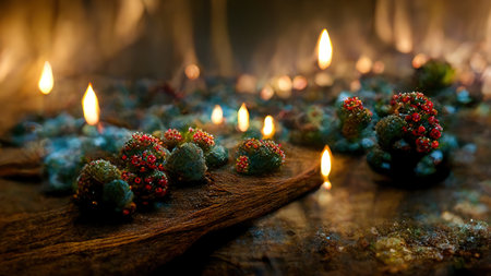 Abstract Christmas decorations from natural materials in mystical atmospheric festive evening interior. new year background. 3D illustration. AI render.の素材