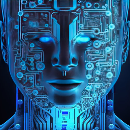 artificial intelligence virtual character. Alien portrait for concept design. Retro future 3D render illustration. Blue glow light with computer board elements. AI render.の素材