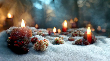 Abstract Christmas decorations from natural materials in mystical atmospheric festive evening interior. new year background. 3D illustration. AI render.の素材