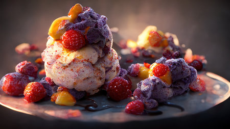 Appetizing dessert with ice cream with fruits and berries. 3D illustration. AI render.の素材