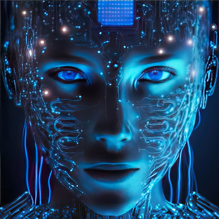 Artificial intelligence virtual woman characters portrait for concept design. Retro future 3D render illustration. Blue glow light with computer board elements. AI render.の素材
