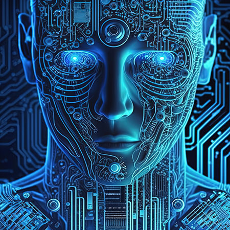 artificial intelligence virtual character. Alien portrait for concept design. Retro future 3D render illustration. Blue glow light with computer board elements. AI render.の素材