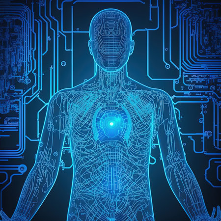 Virtual character with hud elements concept design. Retro future 3D render illustration. Blue glow light with computer board elements. AI render.の素材