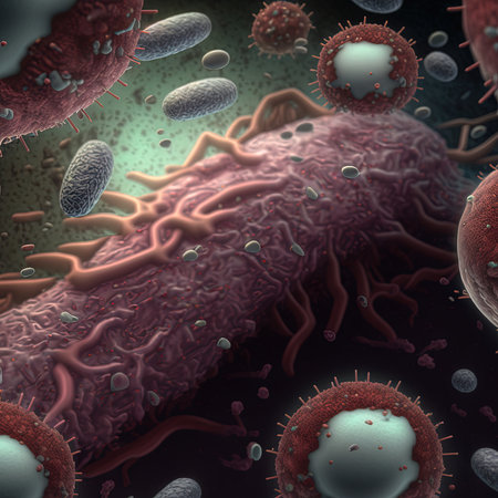 Abstract background bacteria and viruses. 3D illustration. scientific microcosm background. Realistic illustration. AI render.の素材