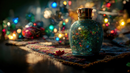 Magical festive new year christmas decoration background. AI render. 3D illustration.の素材