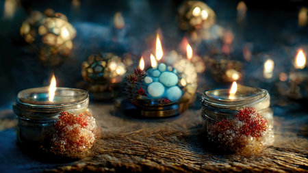 Abstract Christmas decorations from natural materials in mystical atmospheric festive evening interior. new year background. 3D illustration. AI render.の素材