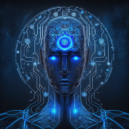 artificial intelligence virtual character. Alien portrait for concept design. Retro future 3D render illustration. Blue glow light with computer board elements. AI render.の素材