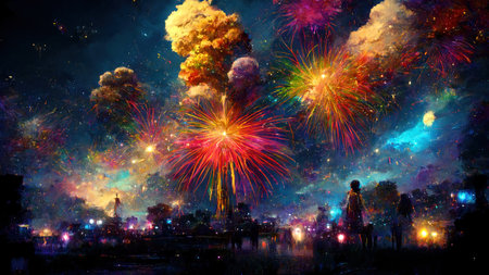 Realistic colorful explosion of fireworks over the night city landscape stylized image generated by artificial intelligence. holiday concept. 3D illustration.の素材