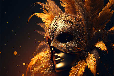Realistic luxury carnival mask with yellow feathers. Abstract blurred background, gold dust, and light effects. Generative AIの素材