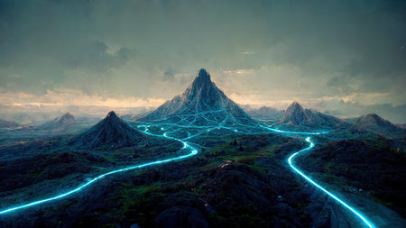 Fantastic alien planet landscape with blue energy flow. 3D illustration Futuristic sci-fi. 3d illustration. AI render.の素材