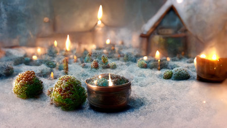 Christmas decorations in the snow in front of the house atmospheric abstract Christmas illustration. AI render. 3D illustration.の素材