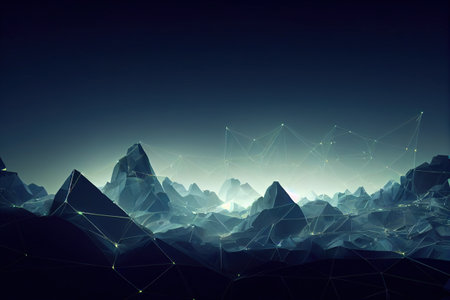 Abstract landscape background with wireframe elements. cyberspace grid. 3d technology wire frame 3D illustration. AI render.の素材