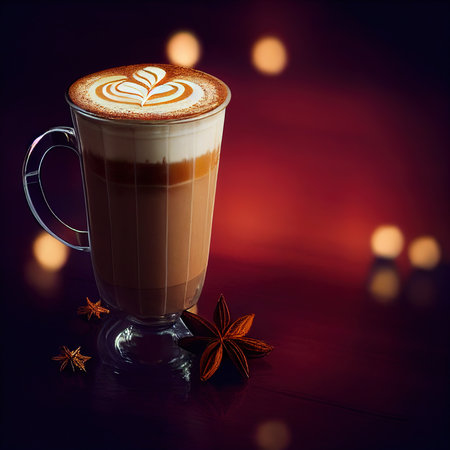 A glass of appetizing spicy latte on a festive blurred background with bokeh light effects. 3D illustration. AI render.の素材