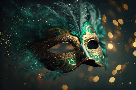 Realistic luxury carnival mask with green feathers. Abstract blurred green background, gold dust, and light effects. Generative AI.の素材