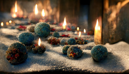 Abstract Christmas decorations from natural materials in mystical atmospheric festive evening interior. new year background. 3D illustration. AI render.の素材