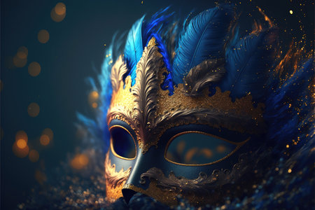 Realistic luxury carnival mask with blue feathers. Abstract blurred background, gold dust, and light effects. Generative AIの素材