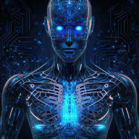 artificial intelligence virtual character. Alien portrait for concept design. Retro future 3D render illustration. Blue glow light with computer board elements. AI render.の素材