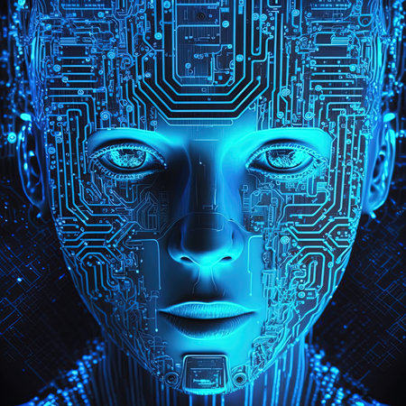 Artificial intelligence virtual woman characters portrait for concept design. Retro future 3D render illustration. Blue glow light with computer board elements. AI render.の素材