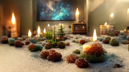 Abstract Christmas decorations from natural materials in mystical atmospheric festive evening interior. new year background. 3D illustration. AI render.の素材
