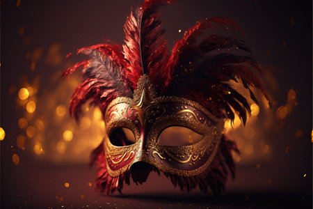 Realistic luxury carnival mask red festive background.. Abstract blurred backdrop, gold dust, and light effects. Generative AIの素材