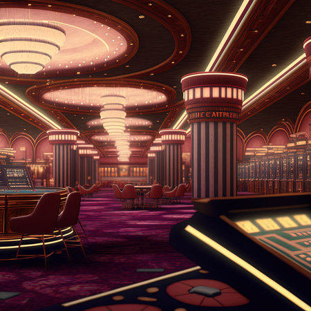 Abstract casino interior Blurred background. Gambling symbol in cartoon style. 3D illustrationの素材
