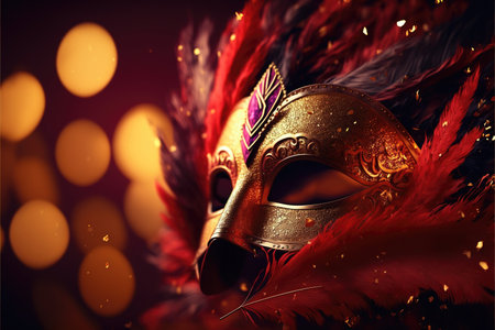 Realistic luxury carnival mask red festive background.. Abstract blurred backdrop, gold dust, and light effects. Generative AIの素材