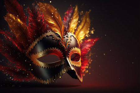 Realistic luxury carnival mask red festive background.. Abstract blurred backdrop, gold dust, and light effects. Generative AIの素材