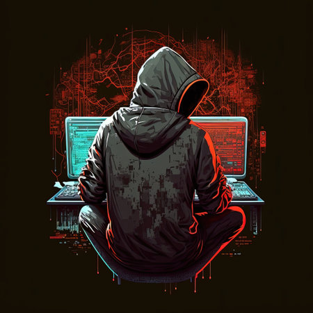 Hooded hacker with laptop at work. Symbol of the darknet and illegal activities on the Internet. Generative AIの素材