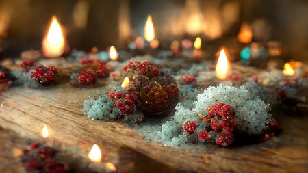 Abstract Christmas decorations from natural materials in mystical atmospheric festive evening interior. new year background. 3D illustration. AI render.の素材