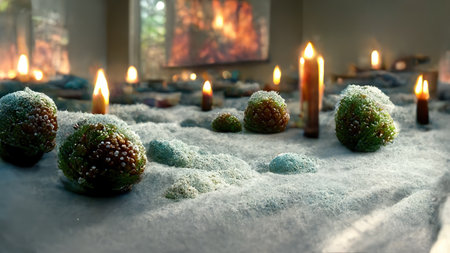Abstract Christmas decorations from natural materials in mystical atmospheric festive evening interior. new year background. 3D illustration. AI render.の素材