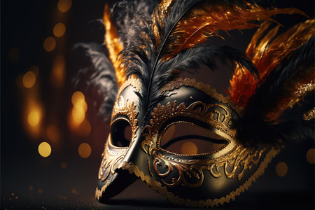 Realistic festive background with ornate masquerade carnival mask, feathers, sequins and confetti. Generative AIの素材
