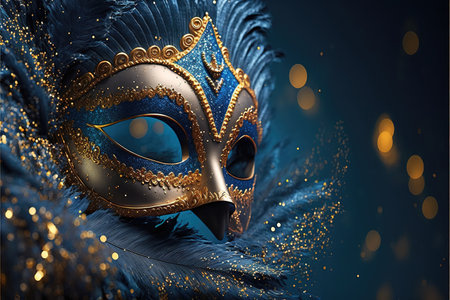 Realistic luxury carnival mask with blue feathers. Abstract blurred background, gold dust, and light effects. Generative AIの素材
