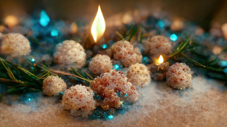 Abstract Christmas decorations from natural materials in mystical atmospheric festive evening interior. new year background. 3D illustration. AI render.の素材