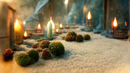 Abstract Christmas decorations from natural materials in mystical atmospheric festive evening interior. new year background. 3D illustration. AI render.の素材